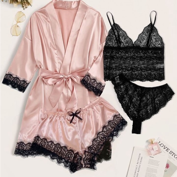 SHEIN Other - Classic Sexy 4pack Floral Lace Lingerie Set With Satin Belted Robe Pink